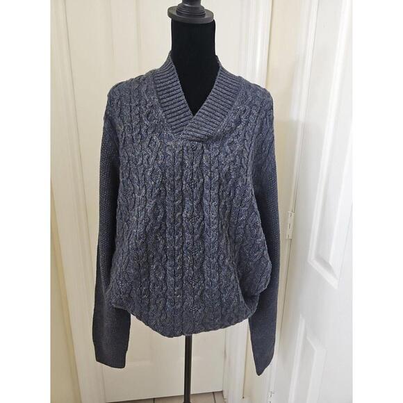 Men's Cable Knit Wool Sweater XL Gray Shawl Collar Grandpacore NWT - Picture 1 of 7